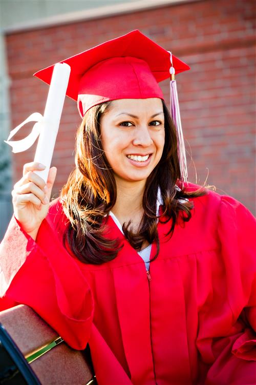 Graduate Girl in Red Cap and Gown